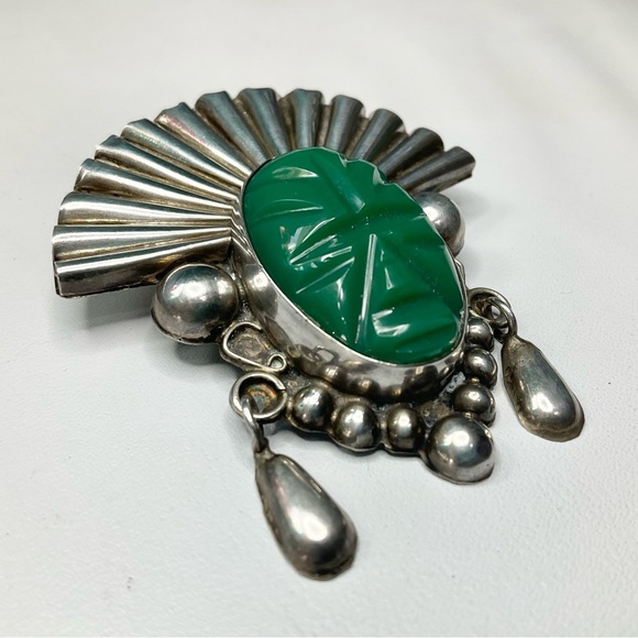 Vtg Mexican Sterling Green Onyx Mayan Warrior Large Brooch Pin - Picture 2 of 7